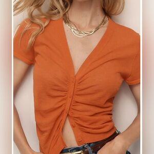 NWT ✨ BY ANTHROPOLOGIE CARDIGAN RUCHED SHORT-SLEEVE V-NECK SWEATER